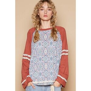 Med POL Rust and Blue Patterned Top